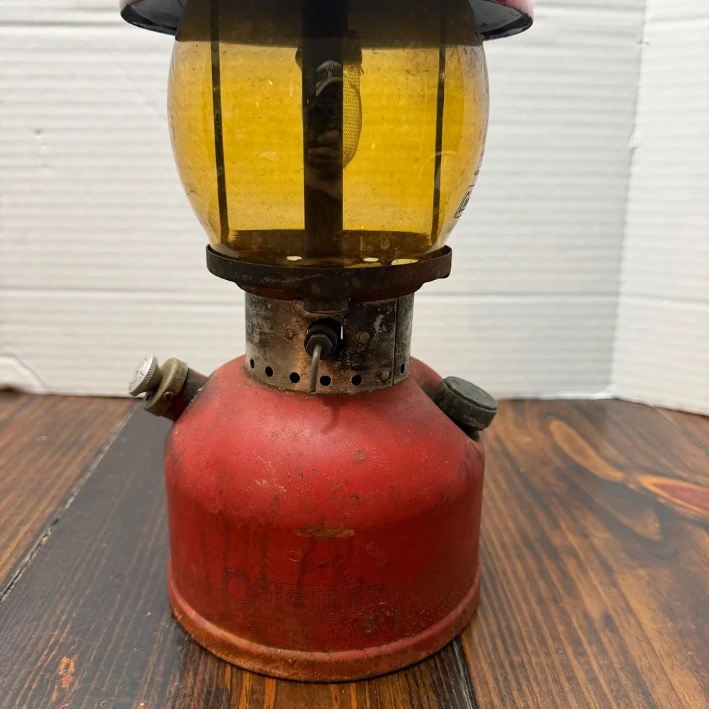 Vintage Coleman 200A Lantern Red Single Mantle Amber Pyrex Globe USA Made AS IS